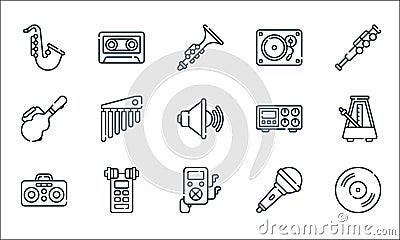 music line icons. linear set. quality vector line set such as vynil, mp music file, boombox, microphone, voice recorder, guitar Vector Illustration