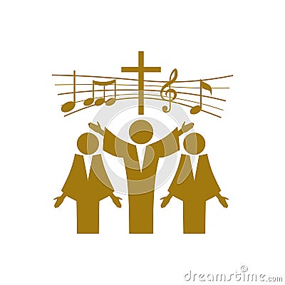 Music logo. Christian symbols. Believers in Jesus sing a song of glorification to the Lord. Vector Illustration