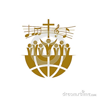 Music logo. Christian symbols. A Chorus Throughout the Earth Praises Jesus Christ. Vector Illustration