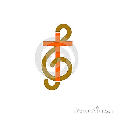 Music logo. Christian symbols. The combination of the treble clef and the cross of Jesus. Vector Illustration