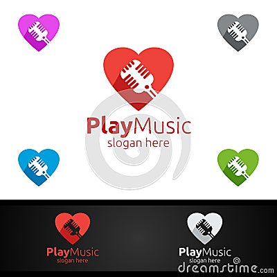 Music Logo with Love and Microphone Concept Vector Illustration
