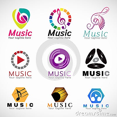 Music logo vector set design - music key sign and CD play sign and headphone sign Vector Illustration