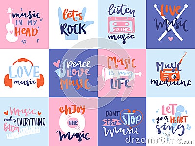 Music love motivation lables badges karaoke related vintage design elements vector illustration. Vector Illustration