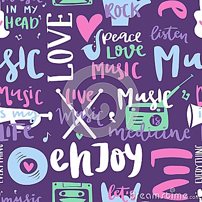 Music love motivation lables badges seamless pattern design elements vector illustration. Vector Illustration