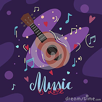 Music is love. Original lettering with ukulele, heart and musical notes on dark violet abstract background. Hobby and interest. Vector Illustration