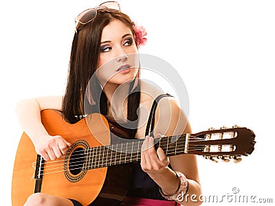 Music lover, summer girl with guitar isolated Stock Photo