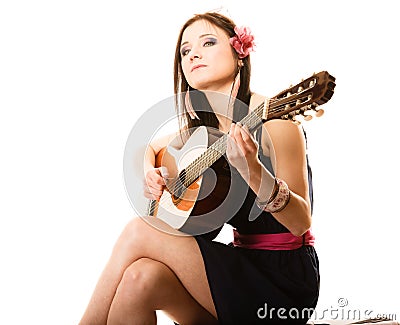 Music lover, summer girl with guitar isolated Stock Photo