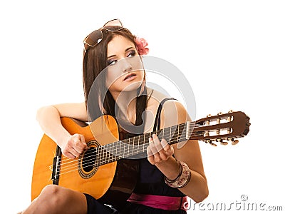 Music lover, summer girl with guitar isolated Stock Photo