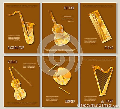 Music magazine layout flyer invitation saxophone violin piano drums guitar harp triangular design. Vector musical Vector Illustration
