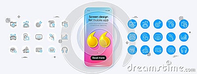 Music making, Phone puzzle and Target line icons. For web app, printing. Phone mockup with 3d quotation icon. Vector Vector Illustration