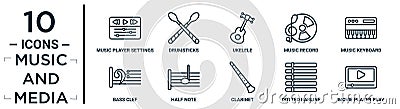 music.and.media linear icon set. includes thin line music player settings, ukelele, music keyboard, half note, dotted barline, Vector Illustration