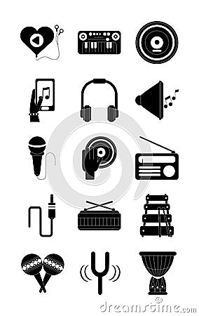 Music melody sound audio icons set silhouette style icon Vector Illustration