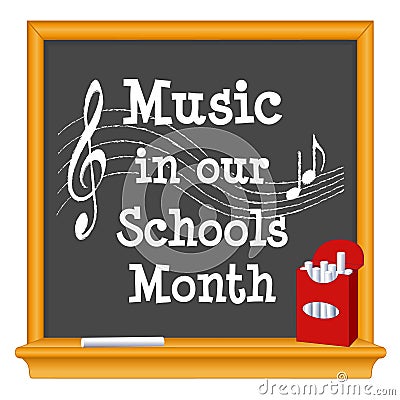 Music in Our Schools Month Wood Frame Blackboard, Red Box of Chalk Vector Illustration