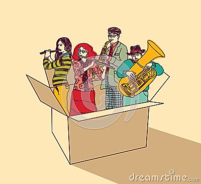 Music and musicians people group in box color Cartoon Illustration