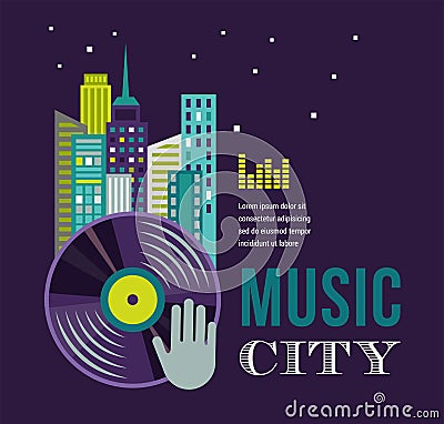 Music and night life of city landscape background Vector Illustration