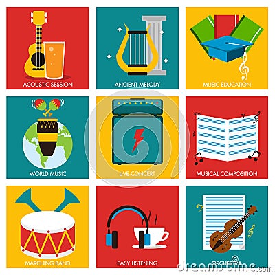 Music nine flat item collection Vector Illustration