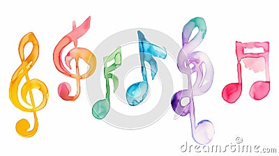 Music note background isolated on a white background showing a colourful watercolour painting of a treble clef and crotchets in a Stock Photo