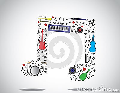 Music note icon made up of different musical instruments and notes with a bright white background Cartoon Illustration