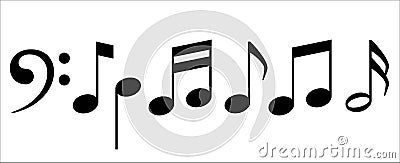 Music note icon set. Bass clef music notes key icons set. Musics sheet illustration contains symbol of bass clef, crotchet, quaver Cartoon Illustration