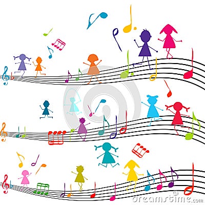 Music note with kids playing Vector Illustration