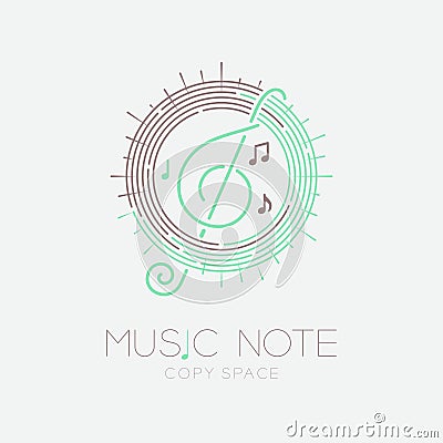 Music note with line staff circle shape logo icon outline stroke set dash line design illustration isolated on grey background Vector Illustration