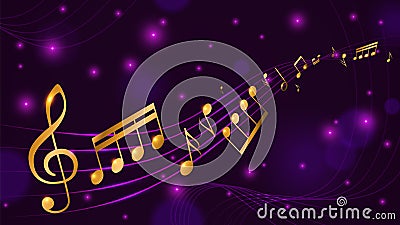 Music note poster. Gold abstract melody wavy horizontal banner, smooth shining musical notes background, classical Vector Illustration