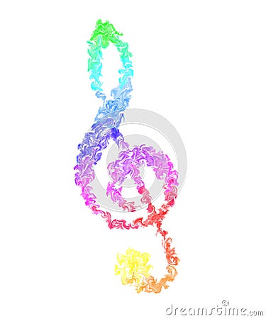 Music Note - Pulsing Smeared Rainbow Colors on White Background, Fire Design Stock Photo