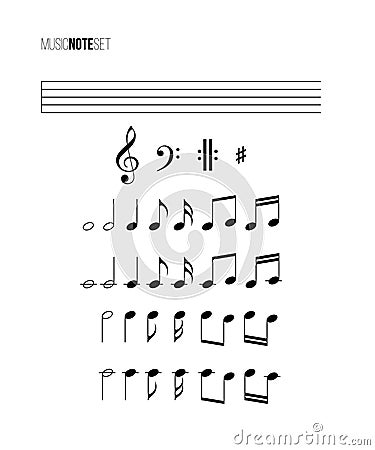 Music note set. Vector different music notes, stave, treble and bass clefs. Vector Illustration