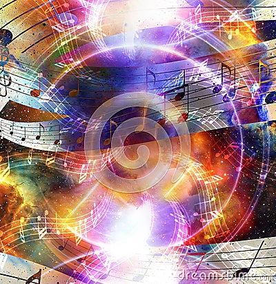 Music note and silhouette music speaker and Space with stars. abstract color background. Music concept. Stock Photo