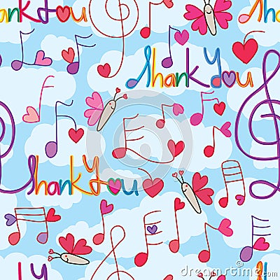 Music note thank you butterfly sky seamless pattern Vector Illustration