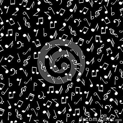 Music notes black and white seamless pattern. White colors simbols on black background. Abstract vector texture musical Vector Illustration