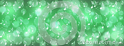 Music Notes, Bokeh and Sparkles in Shining Green Background Banner Cartoon Illustration