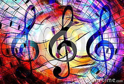 Music notes and clef in space with stars. abstract color background. Music concept. Stock Photo