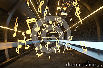 Music notes with dark background, floating notes, 3d rendering Cartoon Illustration