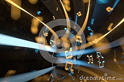 Music notes with dark background, floating notes, 3d rendering Cartoon Illustration