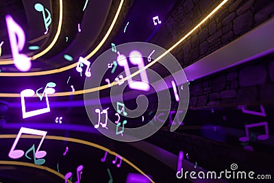 Music notes with dark background, floating notes, 3d rendering Cartoon Illustration