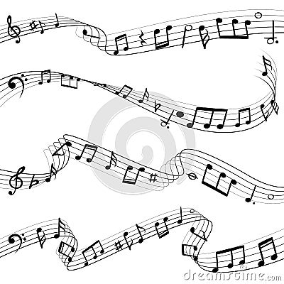 Music notes flowing. Musical note key composition, melody black silhouettes, music waves vector set Vector Illustration