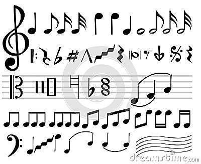 Music notes. Music notes icons. Musical note silhouettes, abstract music melody signs isolated on white background Vector Illustration