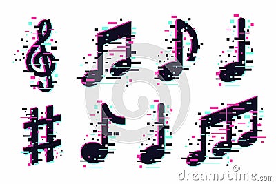 Music notes icons set. Vector musical signs isolated on white. Modern sound concept, trendy illustration. Glitch style Cartoon Illustration