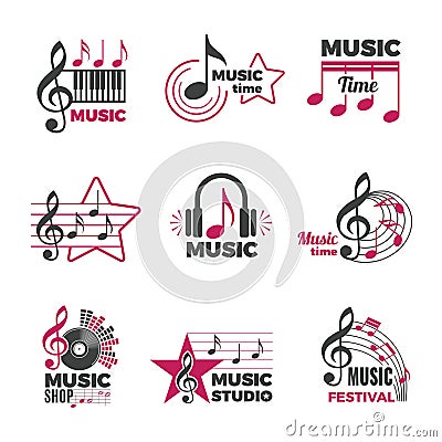 Music notes logo. Badges with song and sound symbols audio podcast radio logos vector collection Vector Illustration