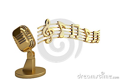 Music notes and microphone on white background.3D illustration. Cartoon Illustration