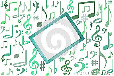 Music notes mockup on white background with wooden frame in center with free vlank copy space Stock Photo