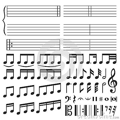 Music notes. Musical melody notation, note tone and treble clef swirl shape. Notes icons vector set Vector Illustration