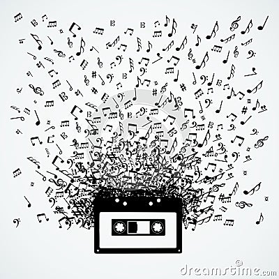 Music notes out of a cassette isolated design Vector Illustration