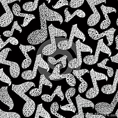 Music notes seamless pattern, musical theme repeating vector background, with hand drawn lines textures. Vector Illustration