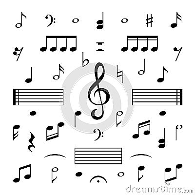 Music notes set. Musical note treble clef silhouette signs vector isolated melody symbols Vector Illustration