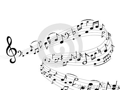 Music notes wave. Abstract swirl musical note treble clef silhouettes harmony stave vector composition Vector Illustration