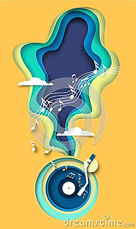 Music paper cut art origami style vector banner Vector Illustration