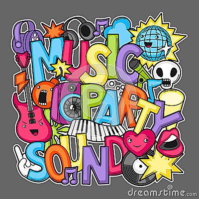 Music party kawaii design. Musical instruments, symbols and objects in cartoon style Vector Illustration