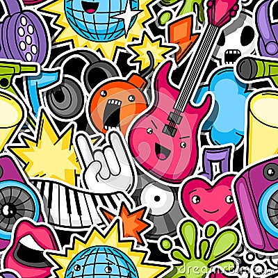 Music party kawaii seamless pattern. Musical instruments, symbols and objects in cartoon style Vector Illustration